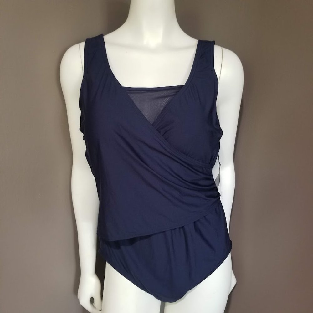 Calvin Klein Mesh Surplice Tummy Control One Piece Swimsuit Navy - Picture 2 of 13